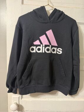 Adidas Girls Medium Black Pink Logo Pullover Hoodie Sweatshirt